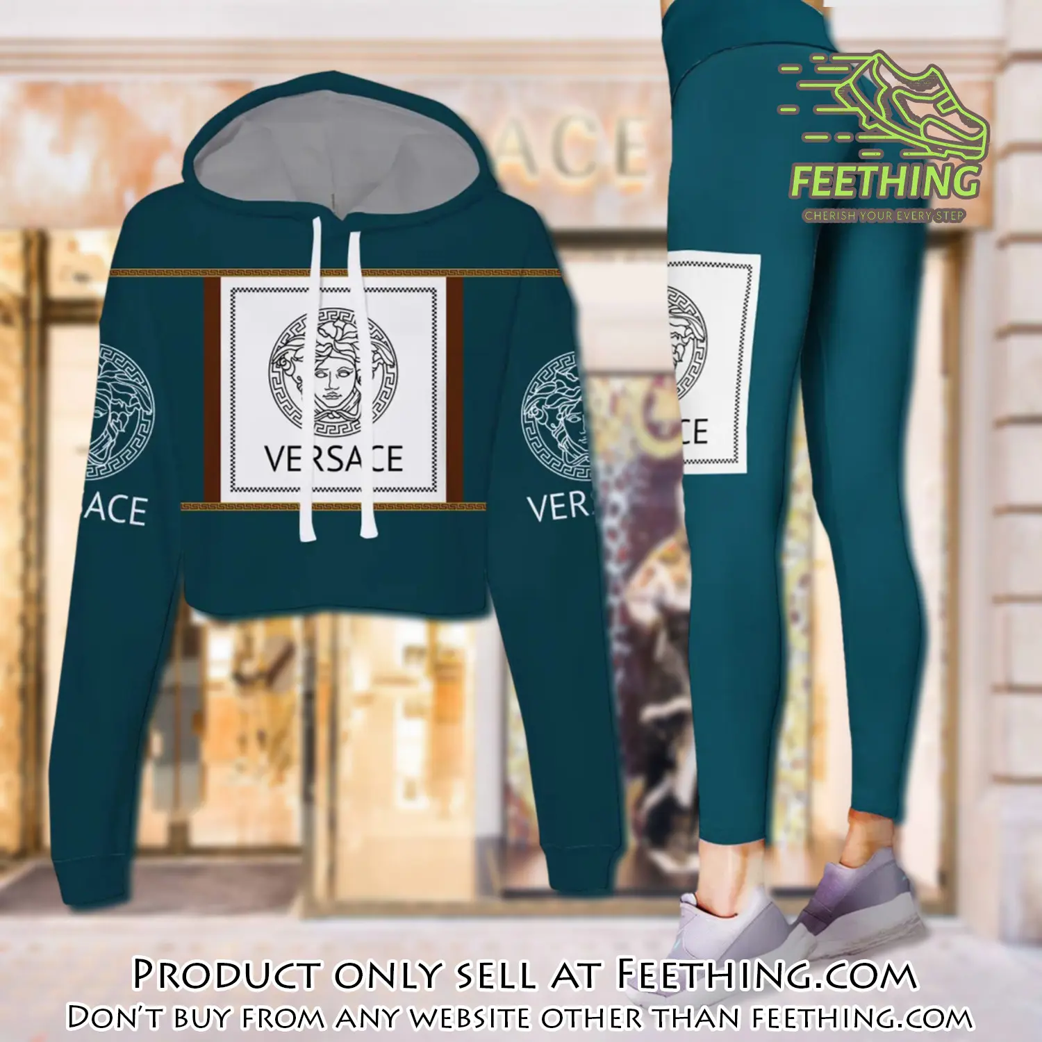 Versace teal color luxury brand clothes leggings and crop top set for women ft4345736